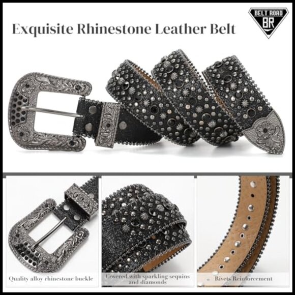 Rhinestone Belt with Detachable Buckle for Women and Men, Leather Material main image 6